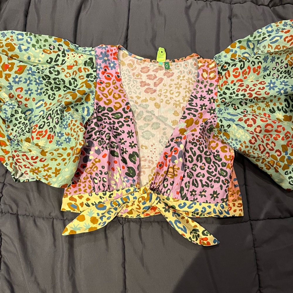 FARM Rio Pink and Orange Puff Sleeve Crop Top